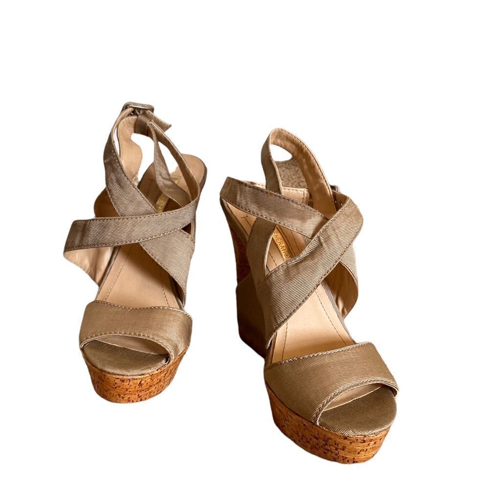 BCBG Roman Tan Wedge Sandals Size 6